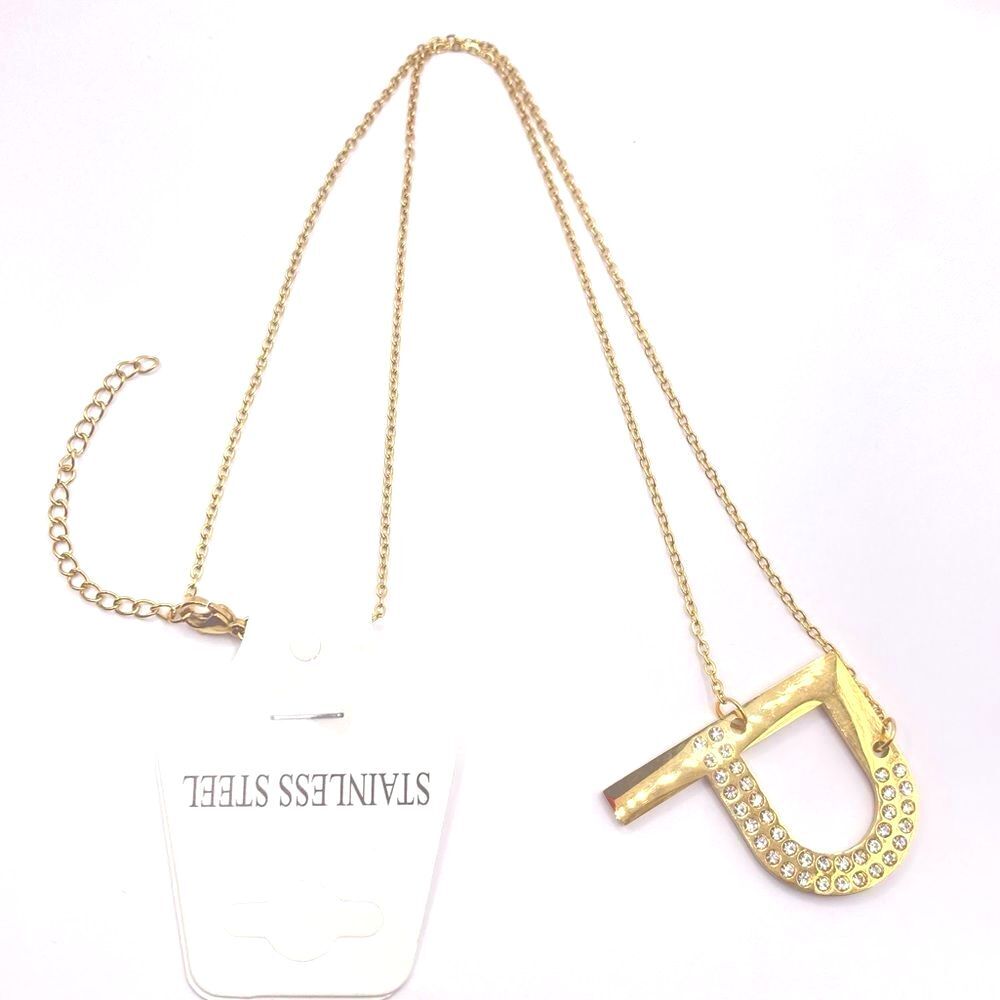 Asymmetrical Gold Chain Necklace Initial “P” Shiny Rhinestone Pendant Necklace